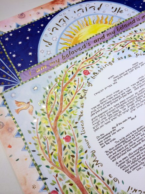 Mystic Pomegranates Ketubah by Mickie Caspi closeup of jewish wedding text and artwork