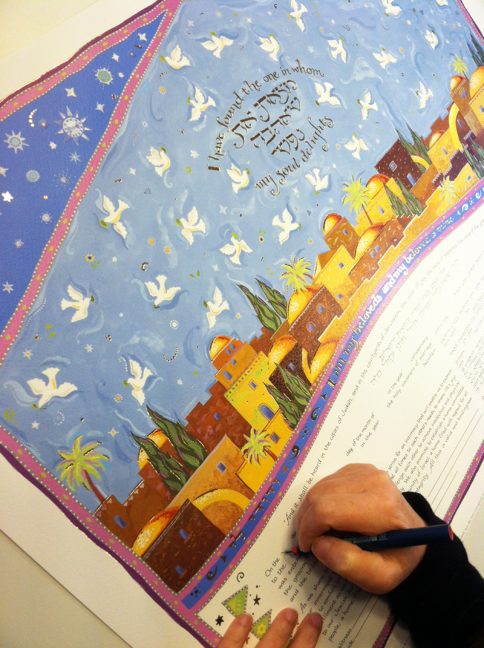 11-2 Celestial Jerusalem Ketubah, Personalizing text, Hand Calligraphy by Mickie Caspi