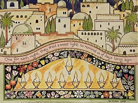 HK482 Hanukkah Jerusalem Illuminated Art Card by Mickie Caspi