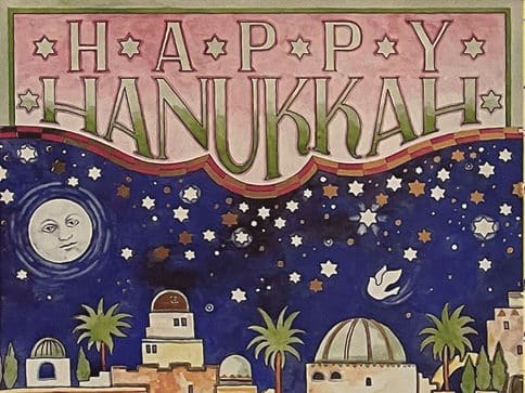 HK482 Hanukkah Jerusalem Illuminated Art Card by Mickie Caspi