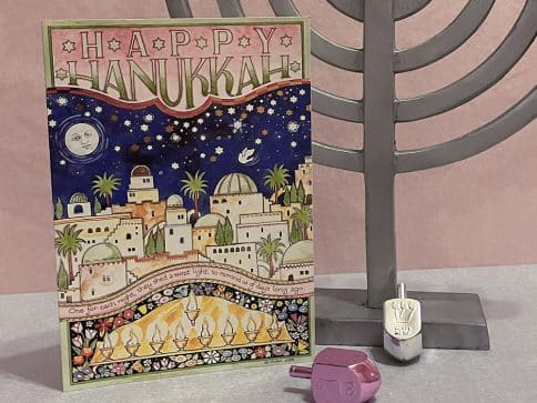 HK482 Hanukkah Jerusalem Illuminated Art Card by Mickie Caspi