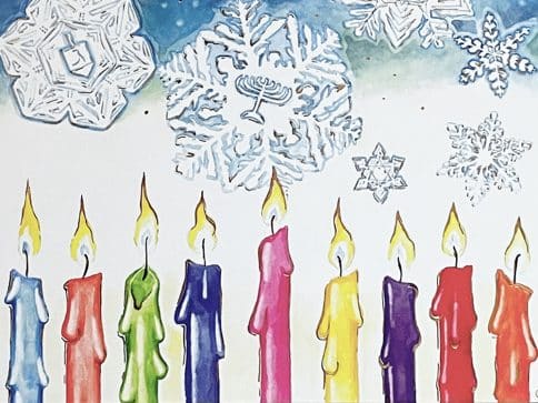 HK483 Hanukkah Snowflakes Candles Illuminated Art Card by Mickie Caspi