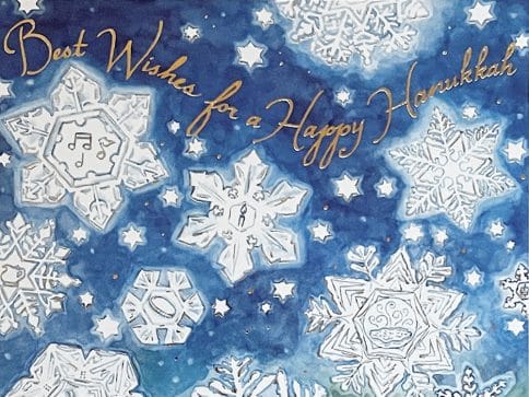 HK483 Hanukkah Snowflakes Candles Illuminated Art Card by Mickie Caspi