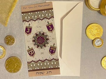 HK817 Hanukkah Four Dreidels Illuminated Art Money Holder Card by Mickie Caspi