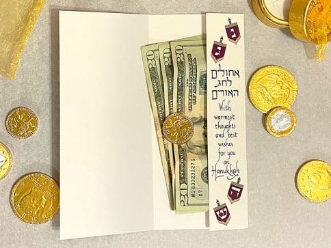 HK817 Hanukkah Four Dreidels Illuminated Art Money Holder Card by Mickie Caspi