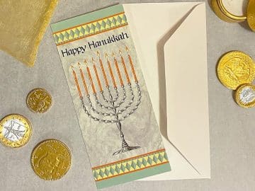 HK818 Hanukkah Silver Menorah Illuminated Art Money Holder Card by Mickie Caspi