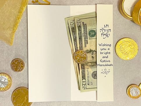 HK818 Hanukkah Silver Menorah Illuminated Art Money Holder Card by Mickie Caspi