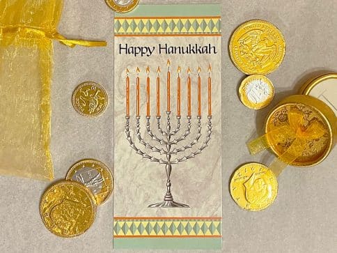 HK818 Hanukkah Silver Menorah Illuminated Art Money Holder Card by Mickie Caspi