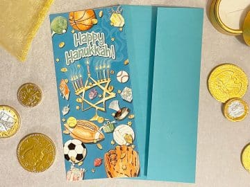 HK847 Hanukkah Fun Blue Illuminated Art Money Holder Card by Mickie Caspi