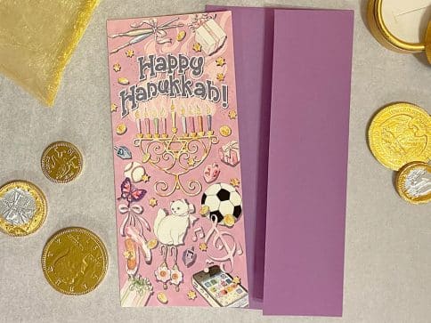HK848 Hanukkah Fun Pink Illuminated Art Money Holder Card by Mickie Caspi
