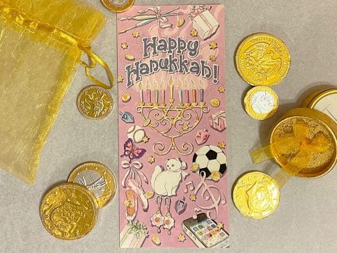 HK848 Hanukkah Fun Pink Illuminated Art Money Holder Card by Mickie Caspi