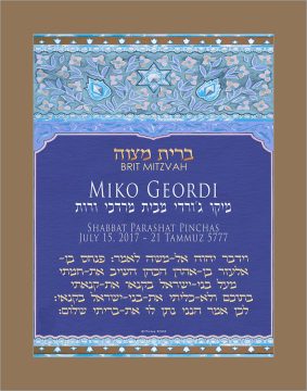 Personalized Brit Mitzvah Art Nouveau Parasha Certificate Blue