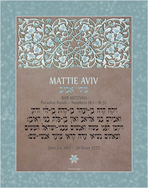 Personalized Brit Mitzvah Lattice Parasha Certificate Teal