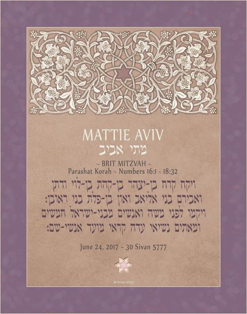 Personalized Brit Mitzvah Lattice Parasha Certificate Clay