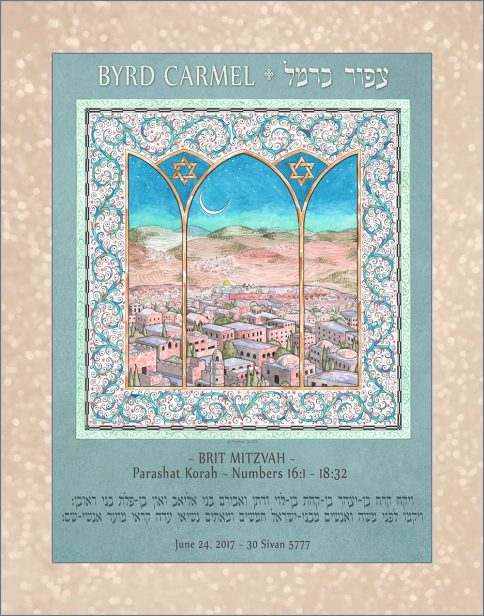 Personalized Brit Mitzvah Jerusalem Parasha Certificate Aqua