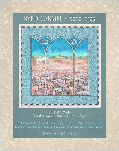 Personalized Brit Mitzvah Jerusalem Parasha Certificate Teal