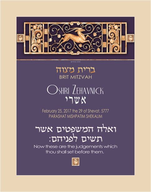 Personalized Brit Mitzvah Deer Parasha Certificate Amethyst