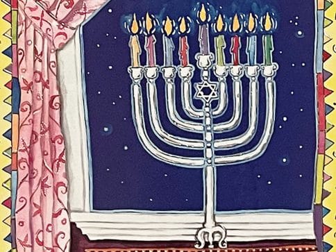 HK485 Hanukkah Menorah Illuminated Art Card by Mickie Caspi