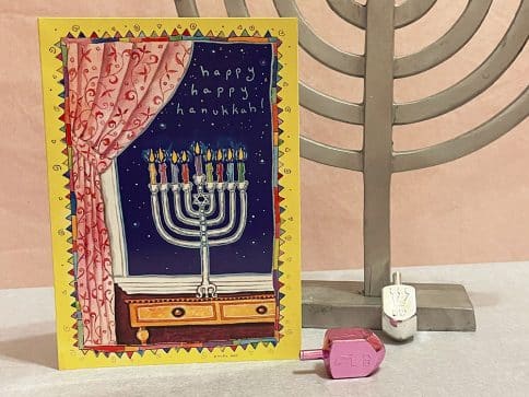 HK485 Hanukkah Menorah Illuminated Art Card by Mickie Caspi